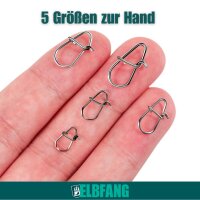 Angel Snap Karabiner Groessenvergleich an der Hand 5 Groessen