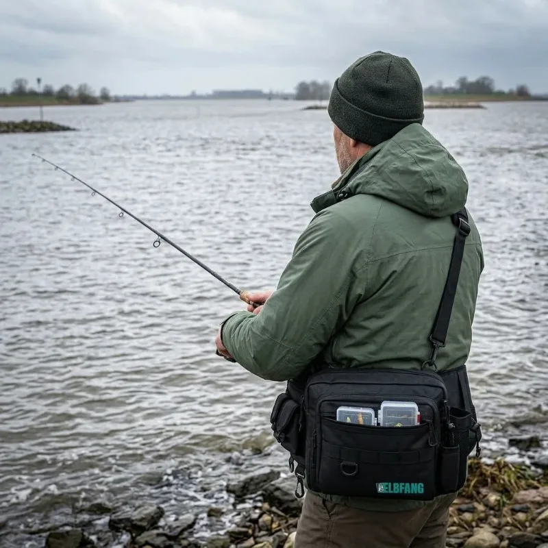 Angler mit ELBFANG Angeltasche beim Spinnfischen am Elbufer