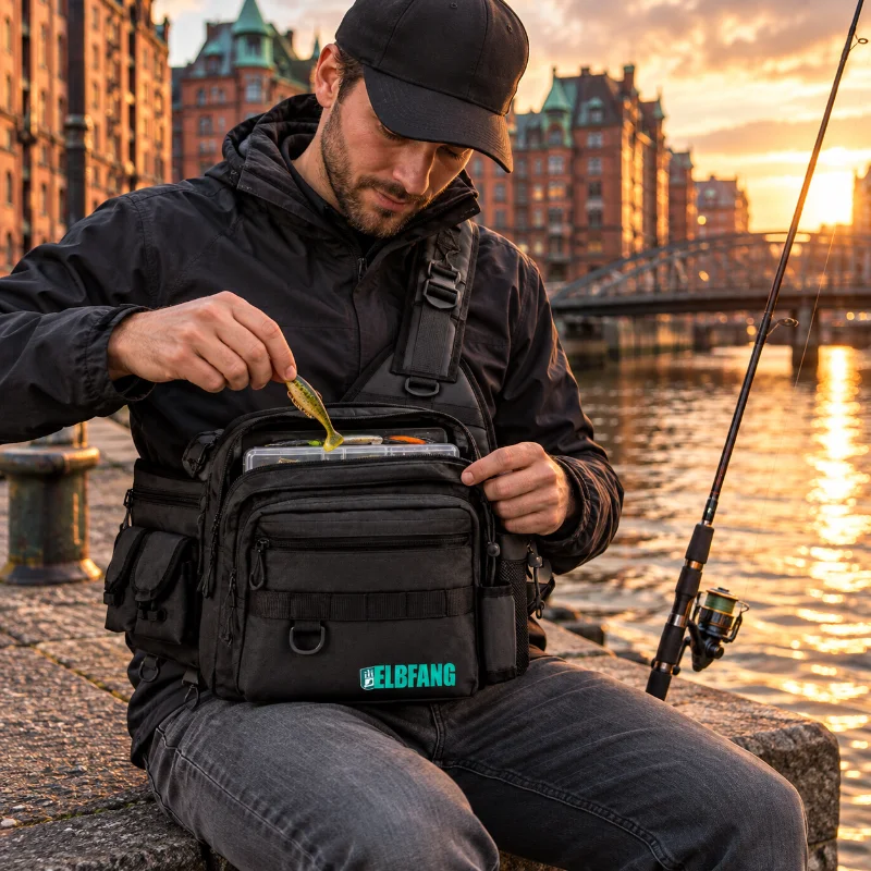 Streetfishing-Angler mit ELBFANG Angeltasche an der Hamburger Speicherstadt – Ratgeber Angeln in Hamburg