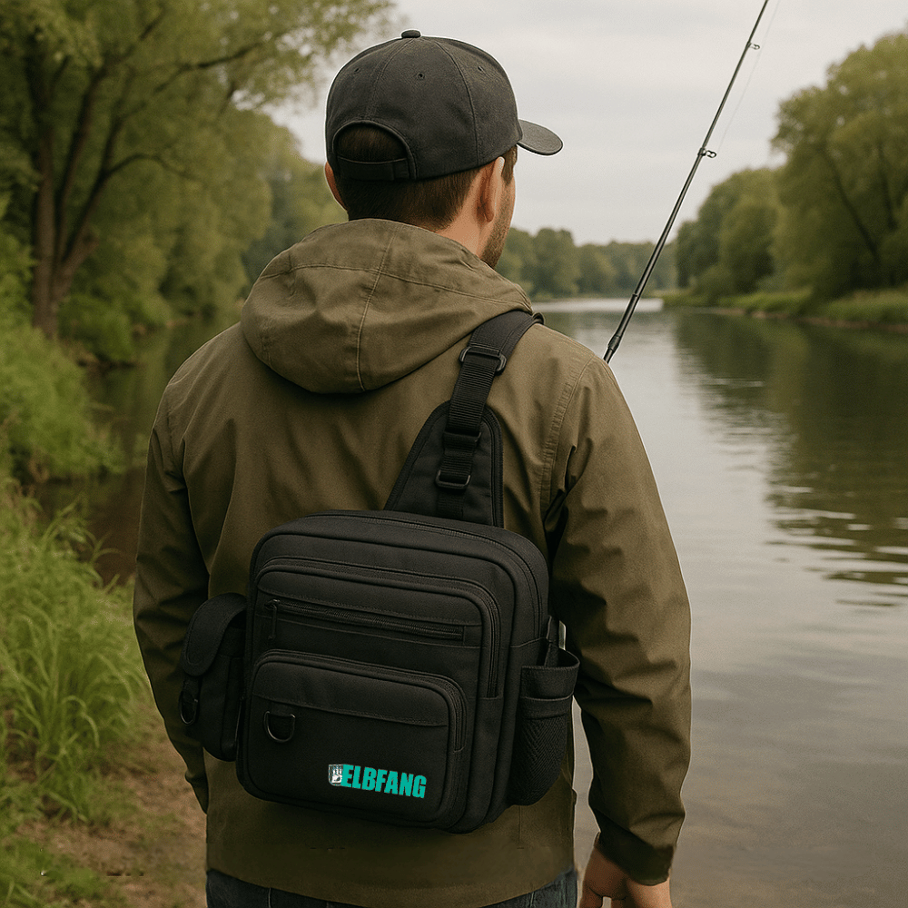 Angler mit ELBFANG Angeltasche am Flussufer beim Spinnfischen