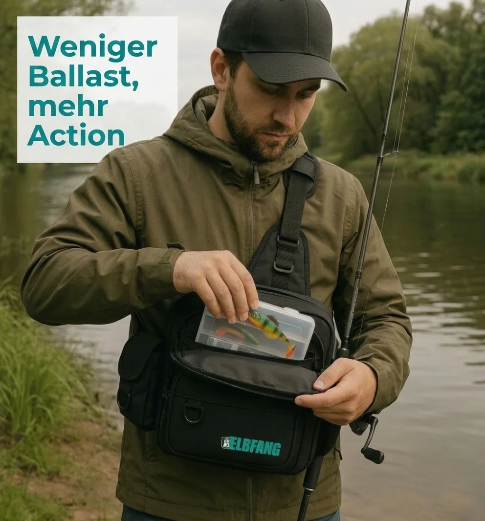 Angler nimmt eine Köderbox aus der ELBFANG Angeltasche am Flussufer – Weniger Ballast, mehr Action