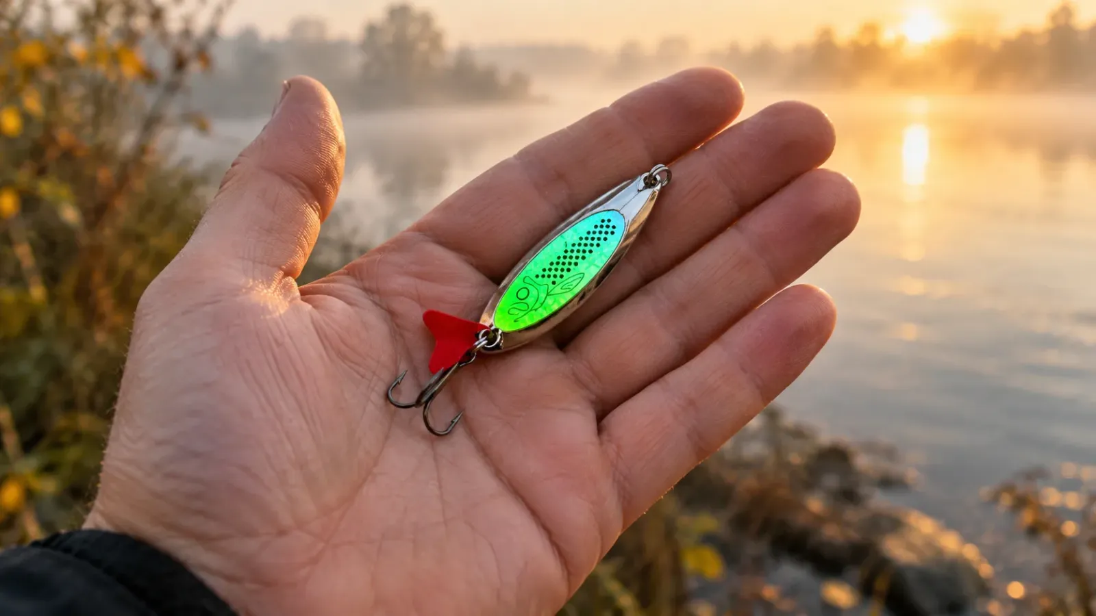 ELBFANG Weitwurfblinker mit grüner Reflexfolie und rotem Flügel auf der Hand eines Anglers am nebligen Fluss