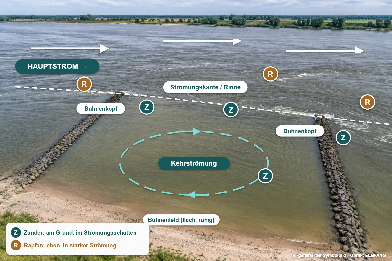 Luftbild eines Buhnenfelds an der Elbe mit eingezeichnetem Hauptstrom, Buhnenköpfen, Strömungskante, Kehrströmung und typischen Standplätzen von Zander und Rapfen