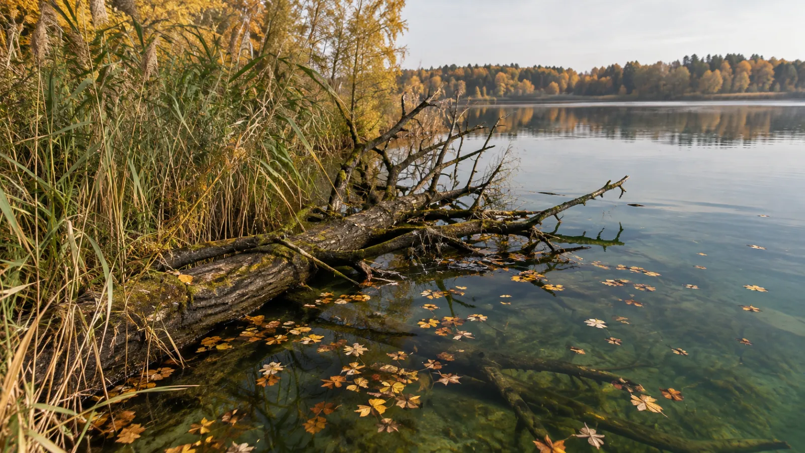 Hechtstandplatz für den Jerkbait: ins Wasser gestürzter Baumstamm neben einer Schilfkante