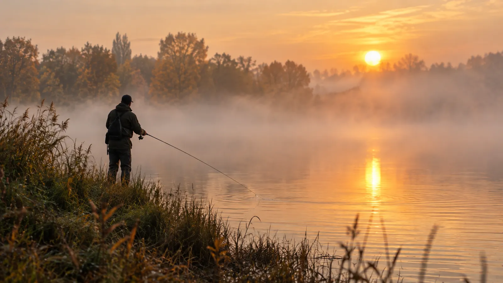 Angler führt am nebligen Herbstmorgen einen Jerkbait mit nach unten geneigter Rutenspitze