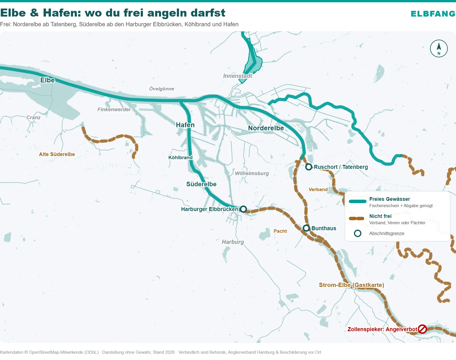 Karte Elbe und Hamburger Hafen: frei sind Norderelbe ab Tatenberg, Süderelbe ab den Harburger Elbbrücken, Köhlbrand und Hafen