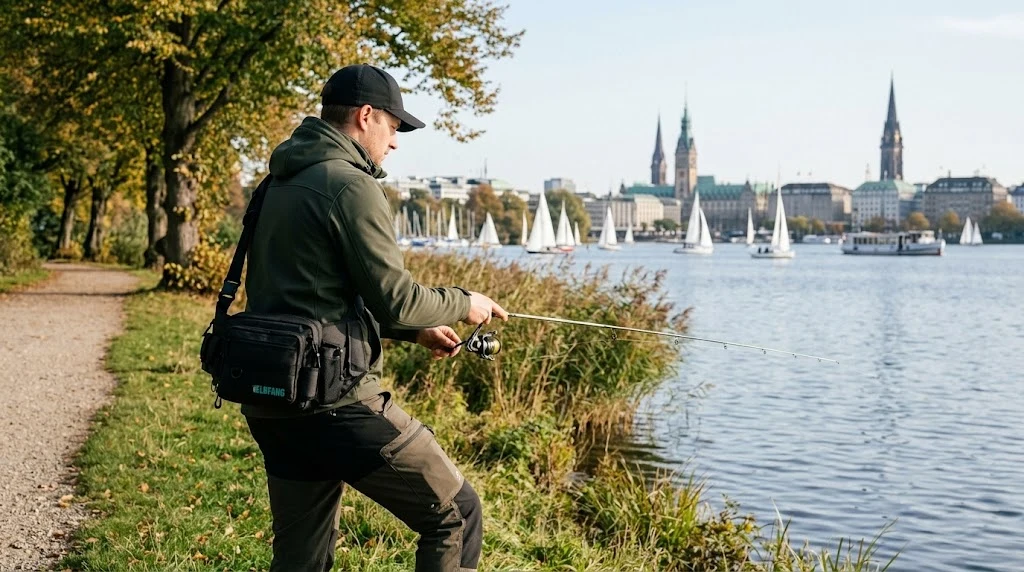 Spinnangler mit ELBFANG Angeltasche führt einen Köder am Ufer der Hamburger Außenalster, im Hintergrund Segelboote, Alsterdampfer und Rathausturm