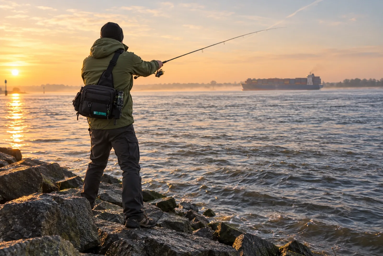 Spinnangler mit ELBFANG Angeltasche wirft von der Steinpackung in die Elbe, im Hintergrund ein Containerschiff im Morgenlicht